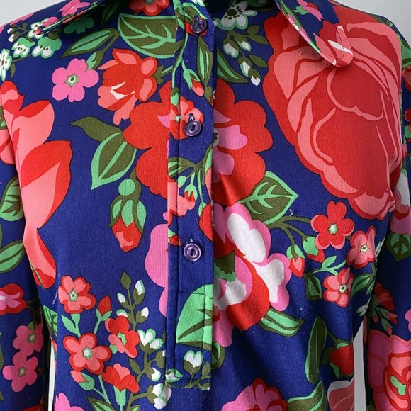 70s Disco Retro Floral Print Button Up Collared Blouse • Size M - Picture 4 of 7